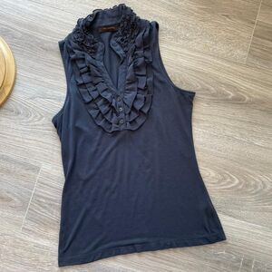 The Limited Navy Blue Ruffle Top Blouse 2010's Minimalist Capsule Wardrobe Chic